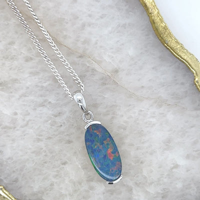 Freeform Boulder Opal Doublet Pendant in 9ct White Gold.