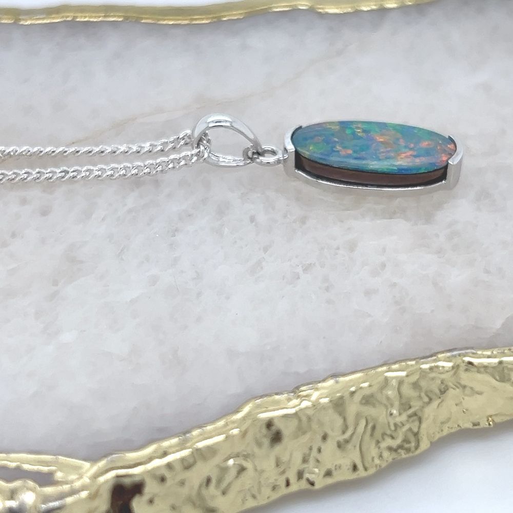 Freeform Boulder Opal Doublet Pendant in 9ct White Gold.