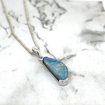 Freeform Boulder Opal Doublet Pendant in 9ct White Gold.