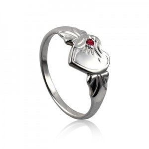 Sterling Silver Single Heart signet Ring with Red CZ.