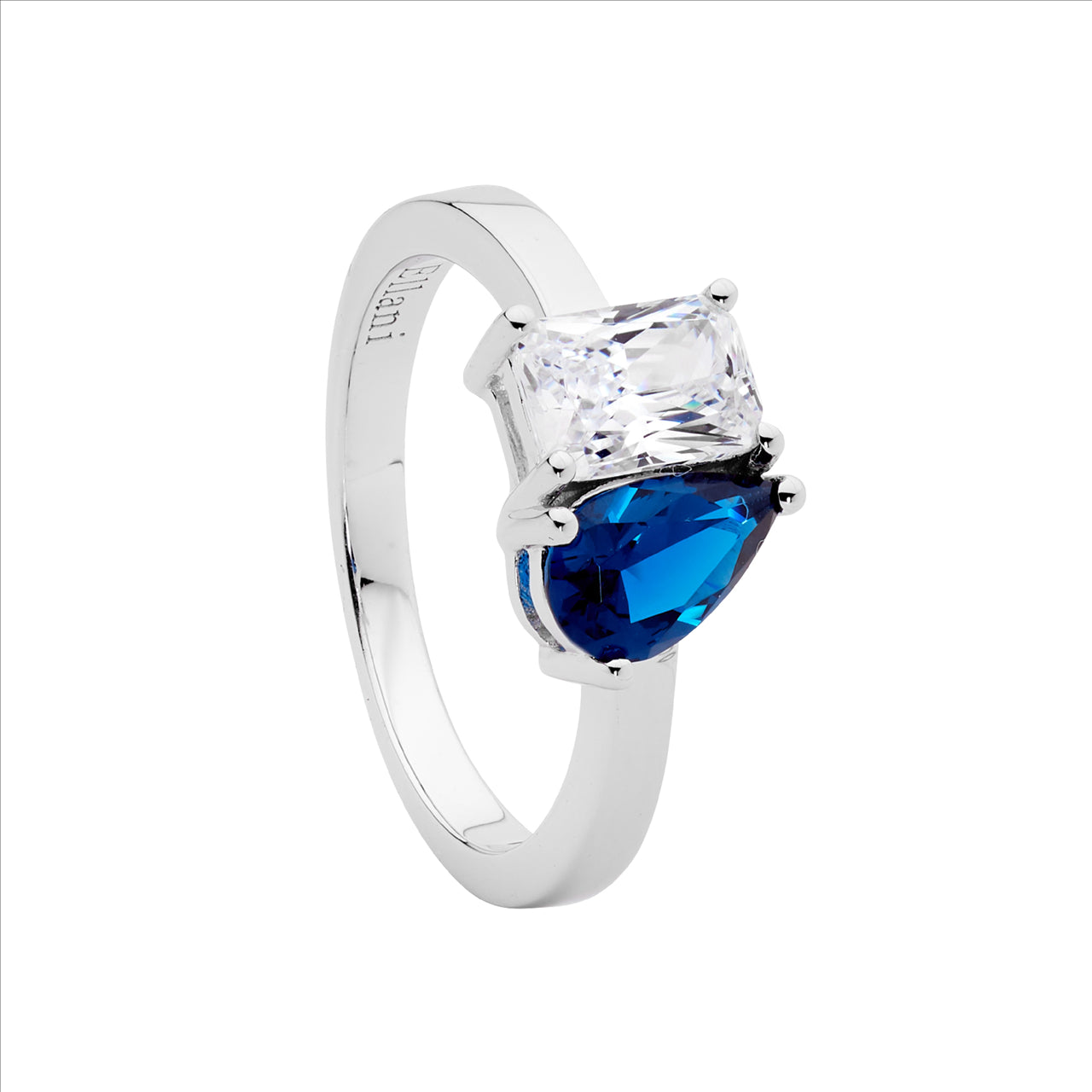 Pear & London Blue CZ Emerald Cut Toi Et Moi Dress Ring - Silver