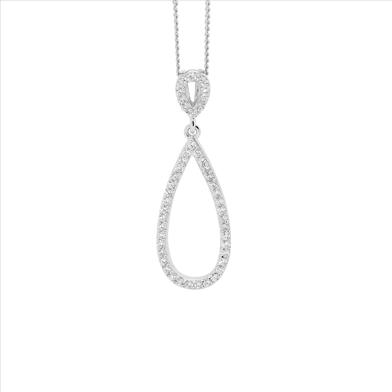 Sterling Silver Open Teardrop CZ Pendant & Chain