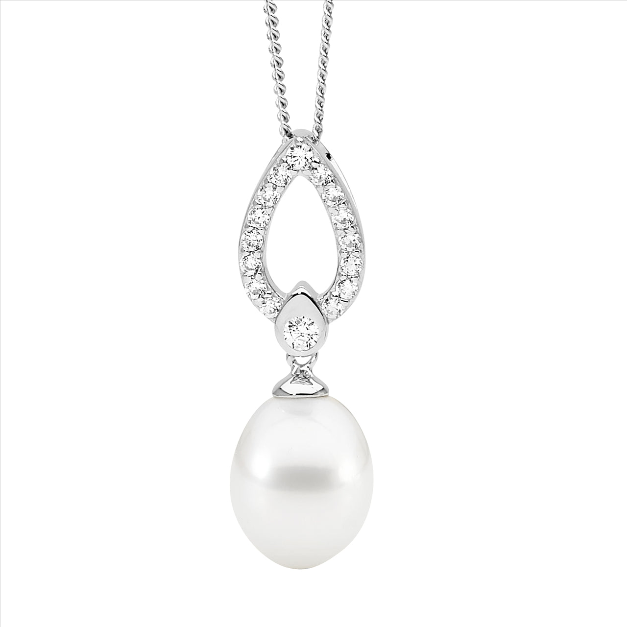 Sterling Silver Open Teardrop Freshwater Pearl Necklace.