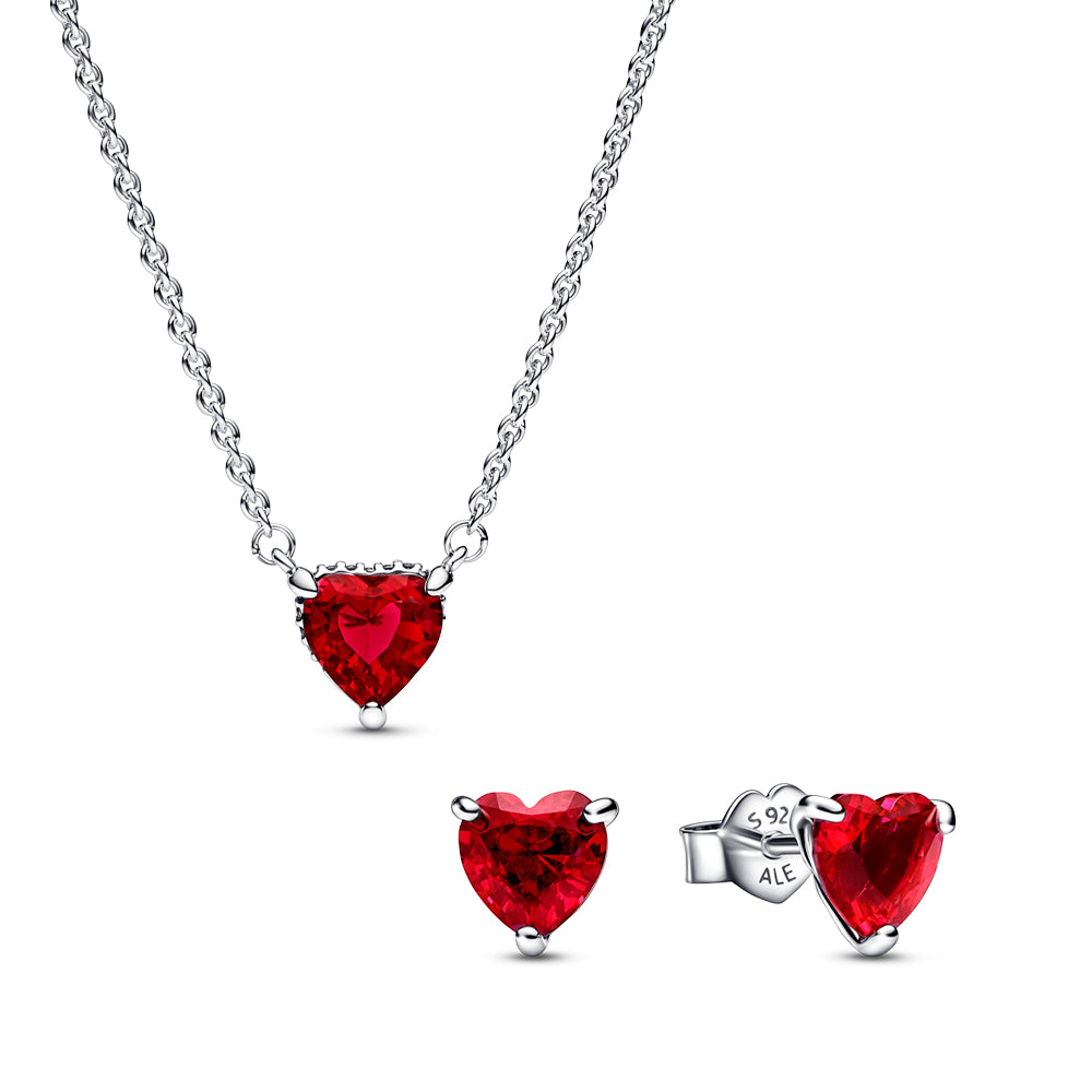 Sterling Silver Red Heart Solitaire Neckace & Stud Earring Set