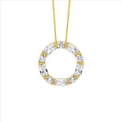 Open Baguette & Round CZ Necklace - Yellow Gold Plate