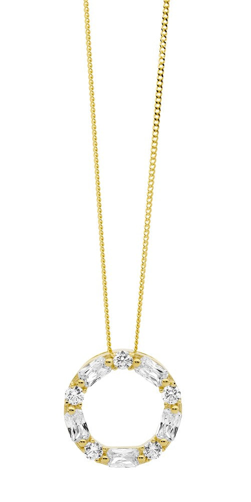 Open Baguette & Round CZ Necklace - Yellow Gold Plate