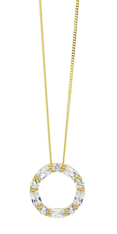 Open Baguette & Round CZ Necklace - Yellow Gold Plate