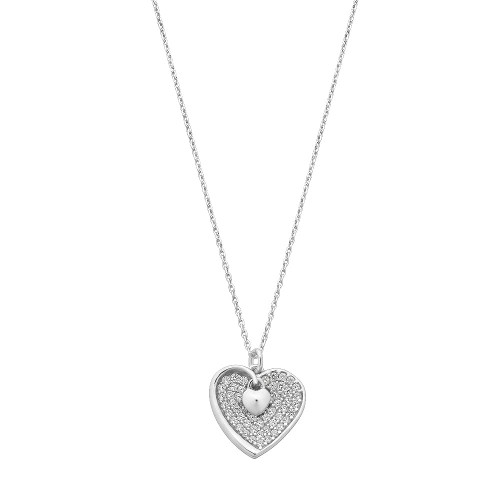 Silver Concave Pave Set Heart Necklace.