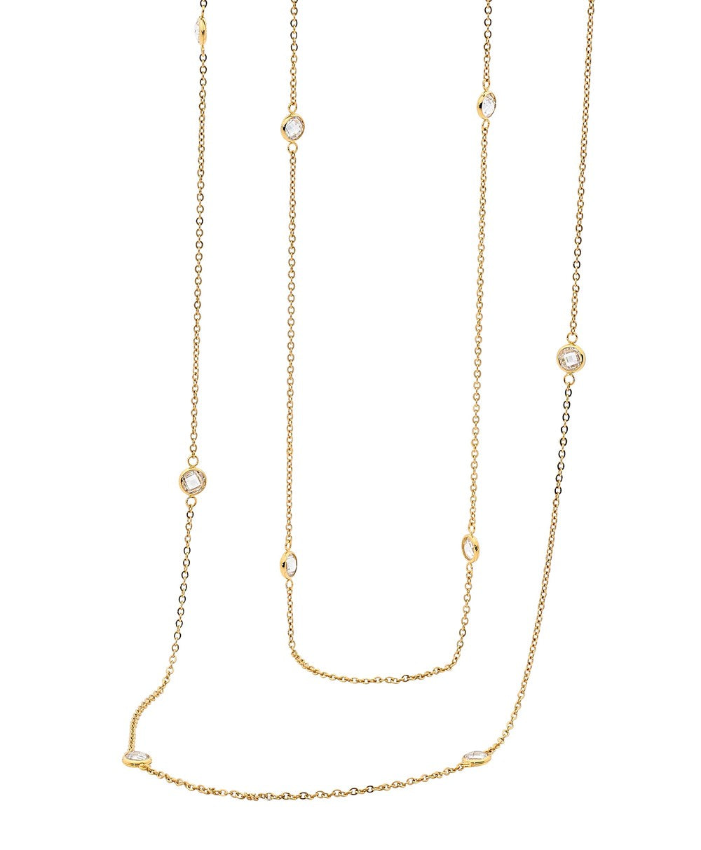 Extra Long Fine Yellow Gold Chain with 9 Scattered Cubic Zirconais.