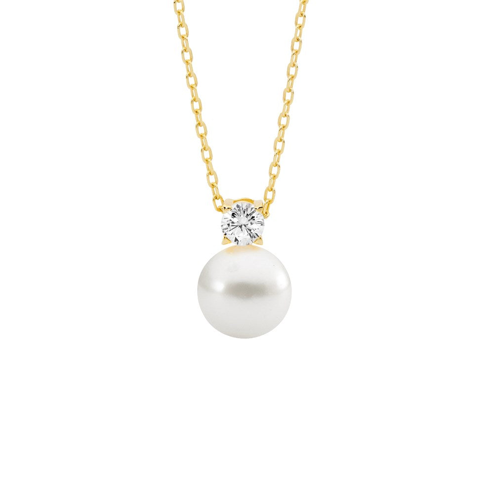 Freshwater Pearl & CZ Drop Pendant - Yellow Gold Plate.