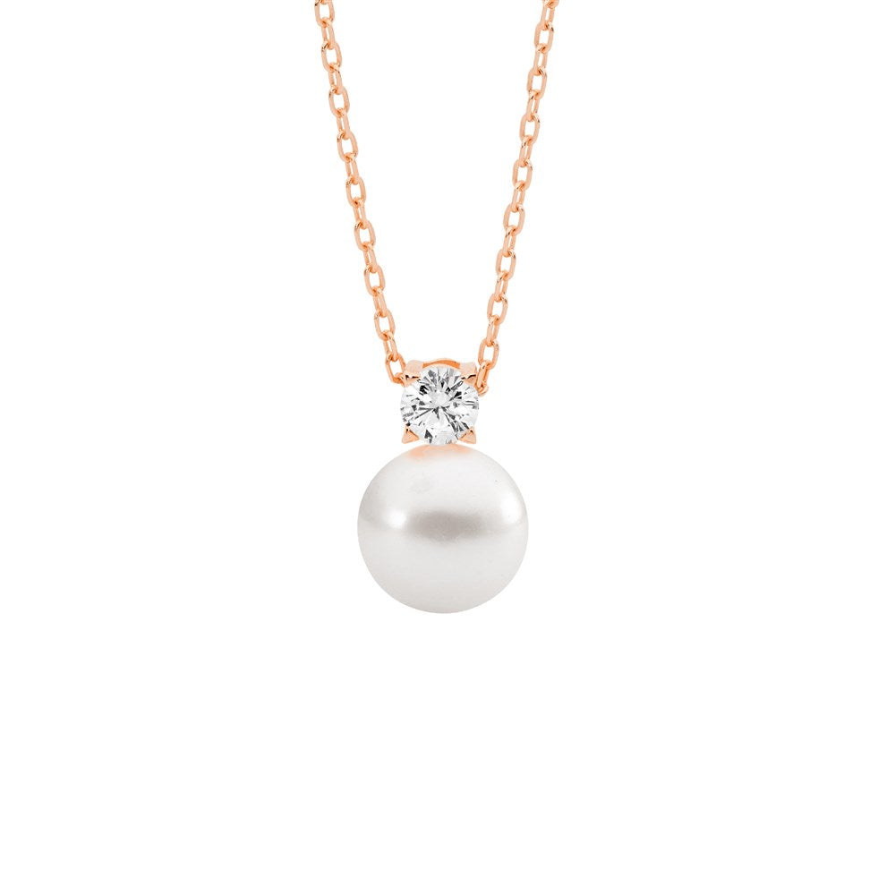 Freshwater Pearl & CZ Drop Pendant - Rose Gold Plate.