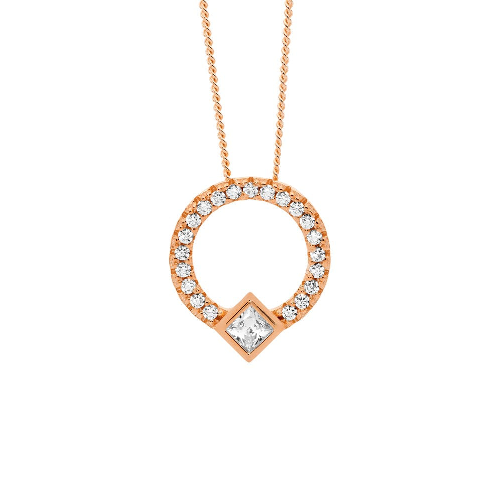 Open Circle Pendant with white cubic Zirconias - Rose Gold Plate.