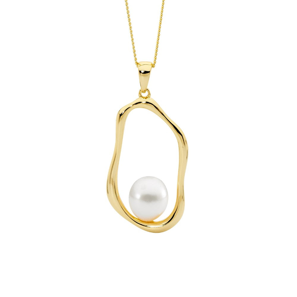 Freshwater Pearl Open Wave Drop Pendant - Yellow Gold Plate.