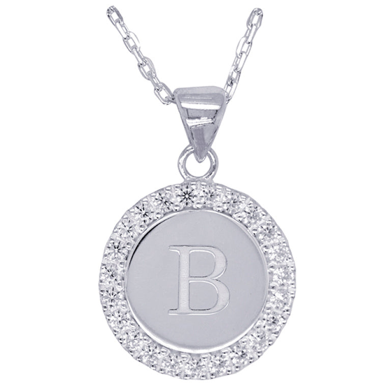 Initial B Disc Necklace with Cubic Zirconias.