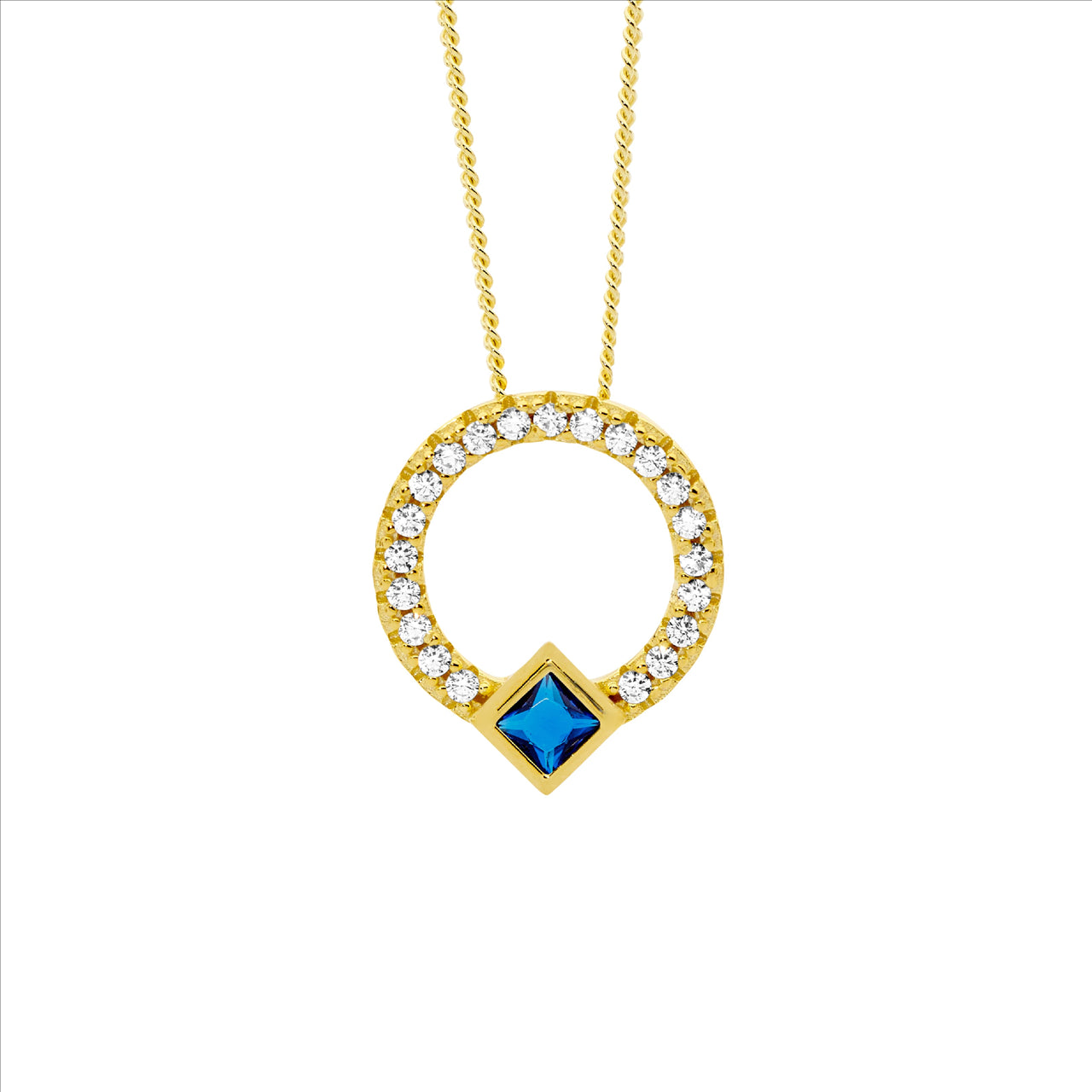 Open Circle Pendant with Blue Cubic Zirconia.