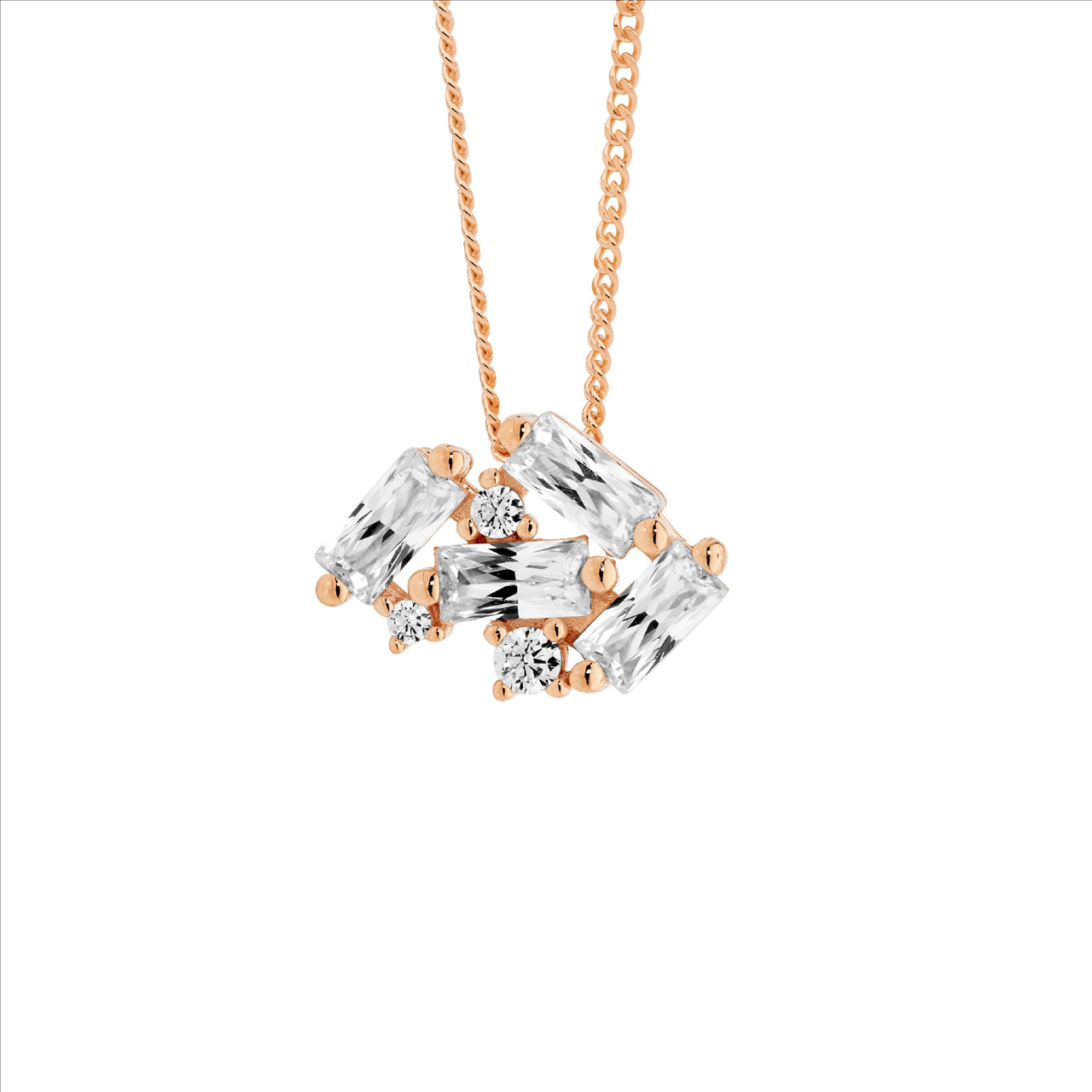 Baguette Cubic Zirconia Staggered Necklace - Rose Gold.