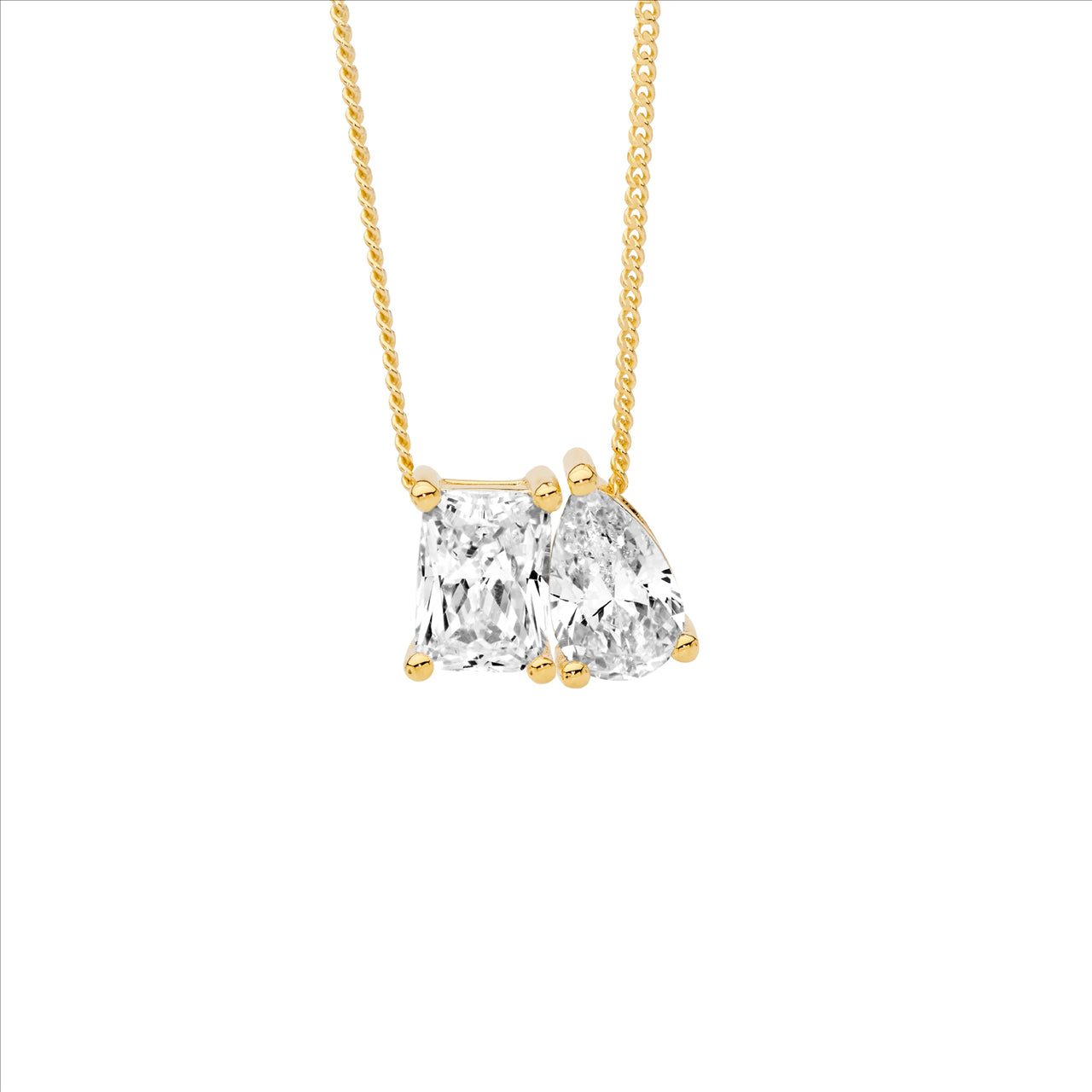 Emerald Cut & Pear CZ Toi Et Moi Necklace - Yellow Gold.