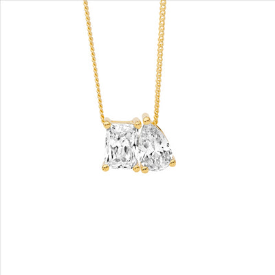 Emerald Cut & Pear CZ Toi Et Moi Necklace - Yellow Gold.