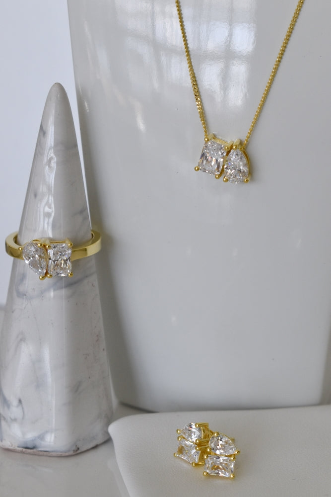 Emerald Cut & Pear CZ Toi Et Moi Necklace - Yellow Gold.