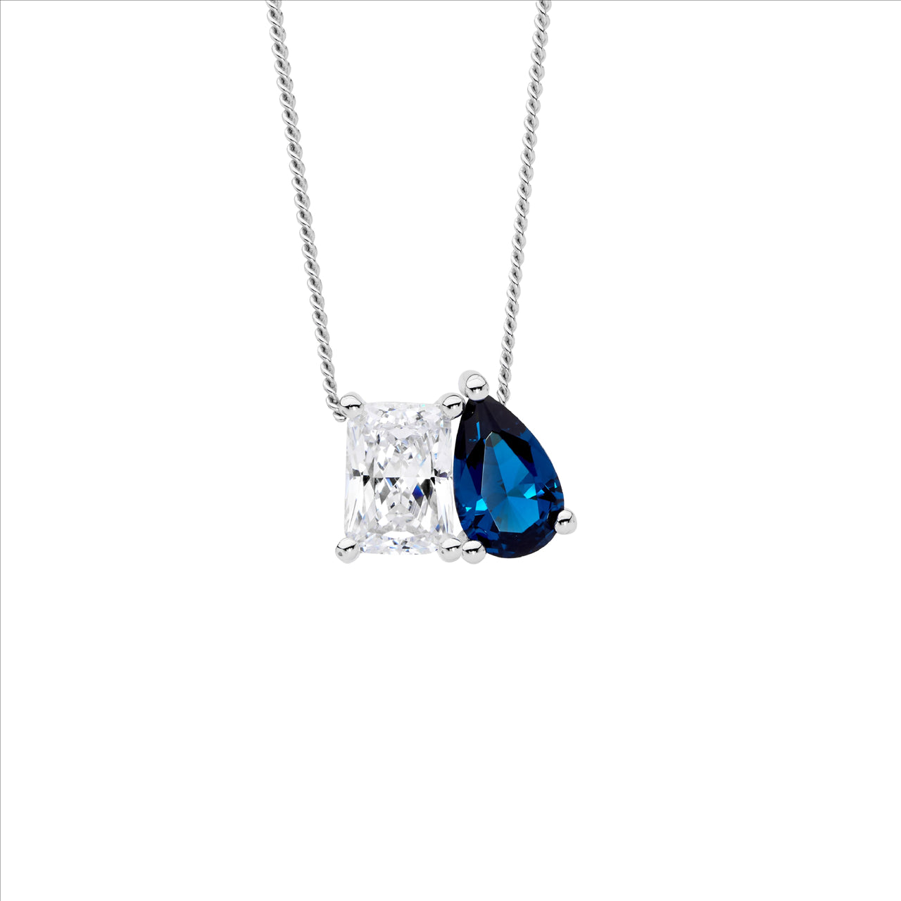 Emerald Cut White CZ & Pear London Blue CZ Toi Et Moi Necklace - Silver.