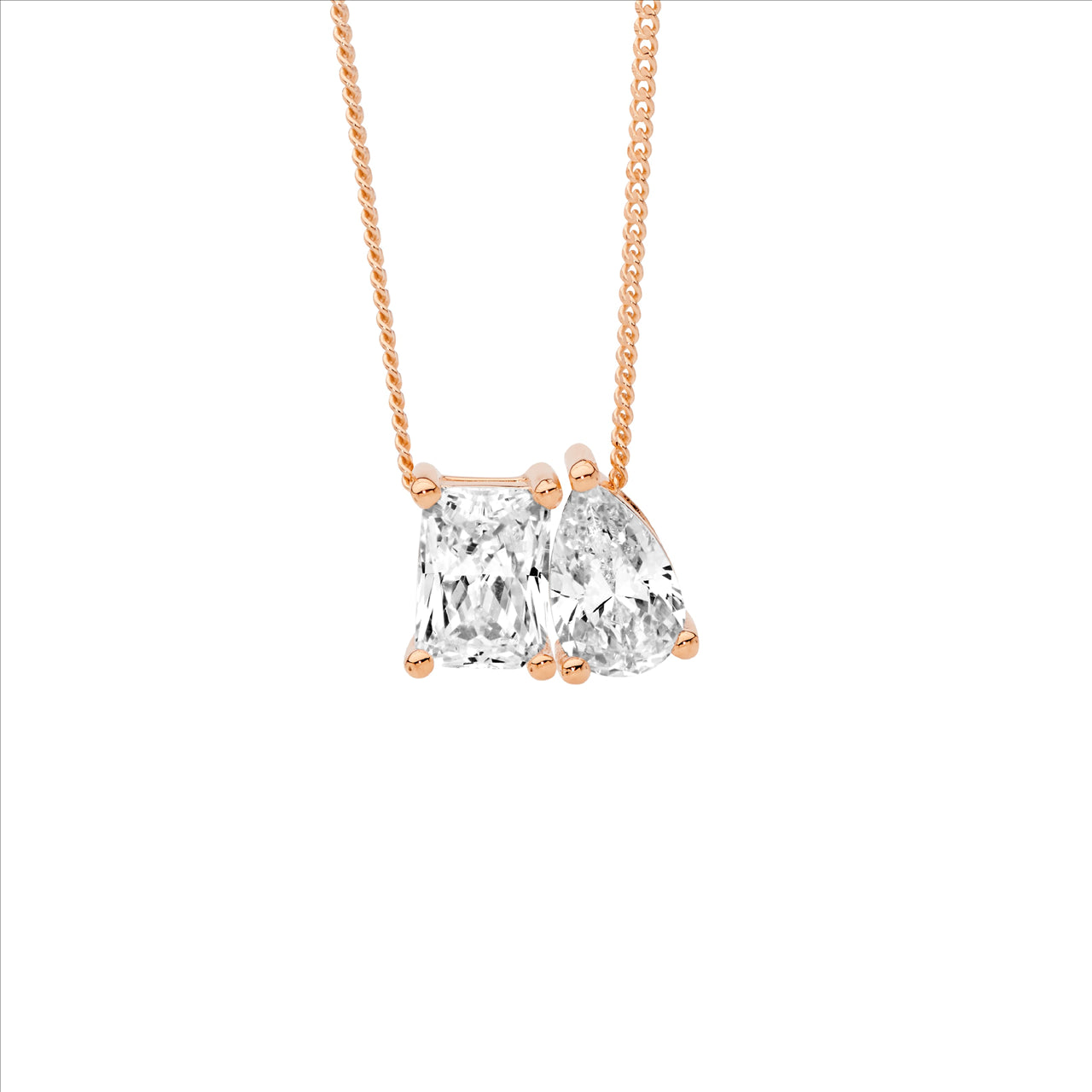 Emerald Cut & Pear CZ Toi Et Moi Necklace - Rose Gold.