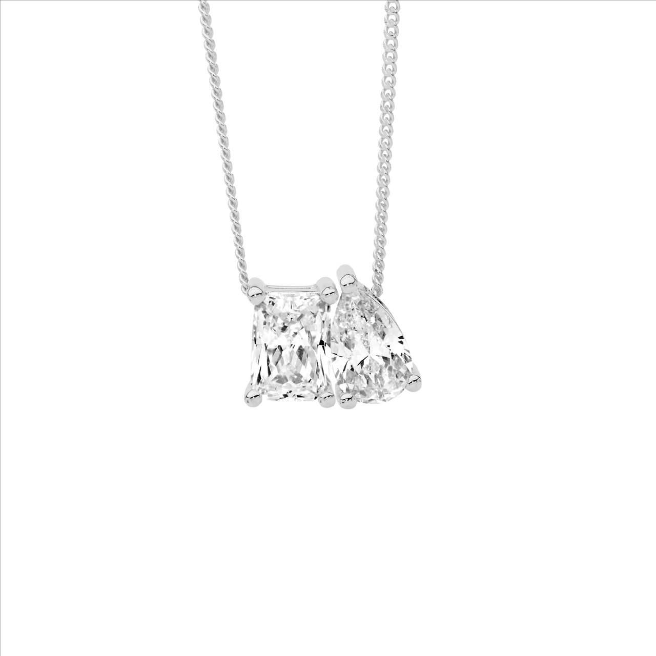 Emerald Cut & Pear CZ Toi Et Moi Necklace - Silver.