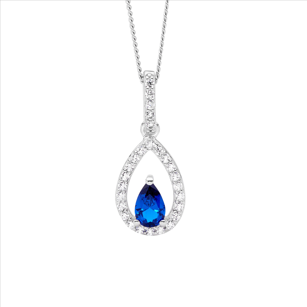 Open Teardrop Blue & White CZ Pendant - Silver.