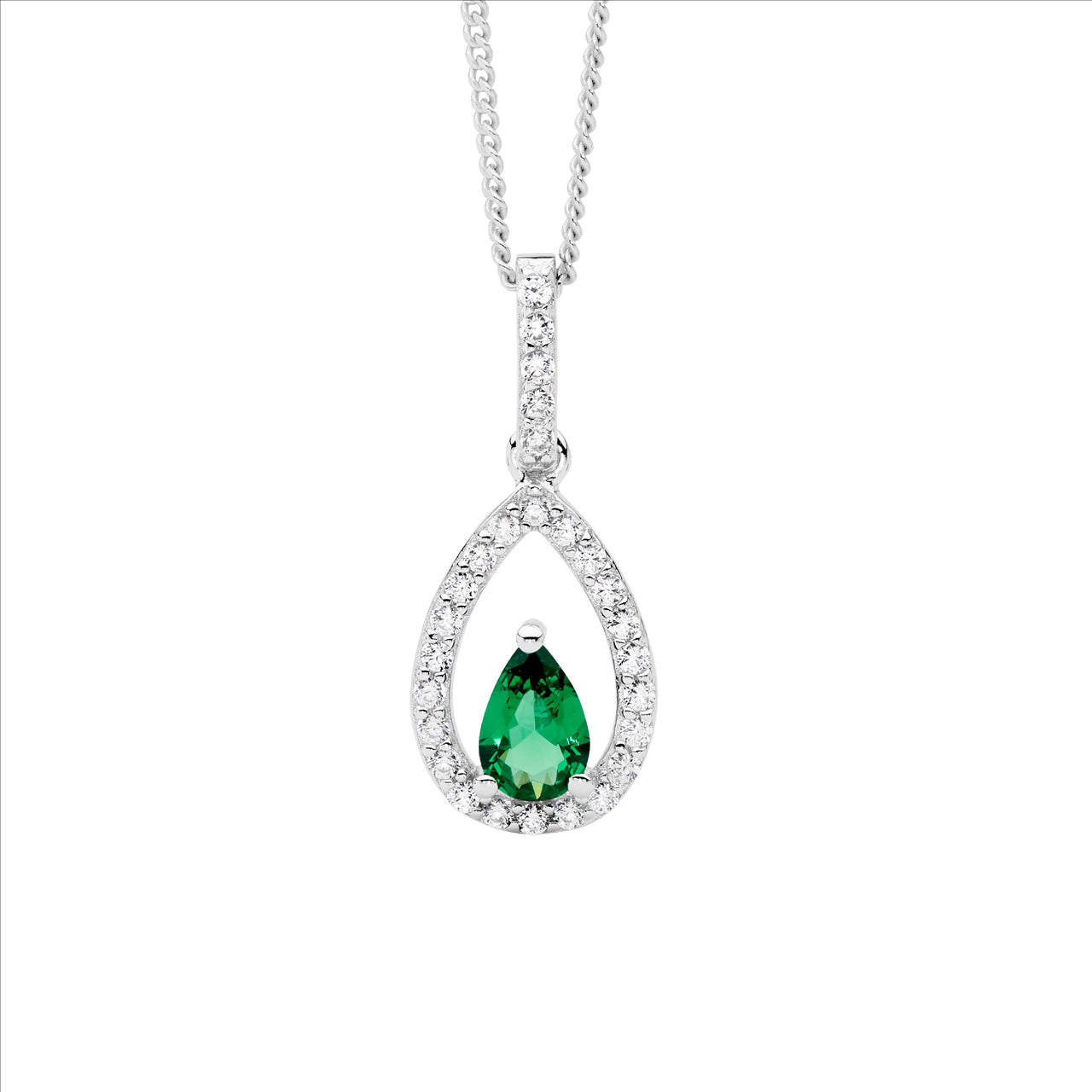 Open Teardrop Green & White CZ Pendant - Silver.