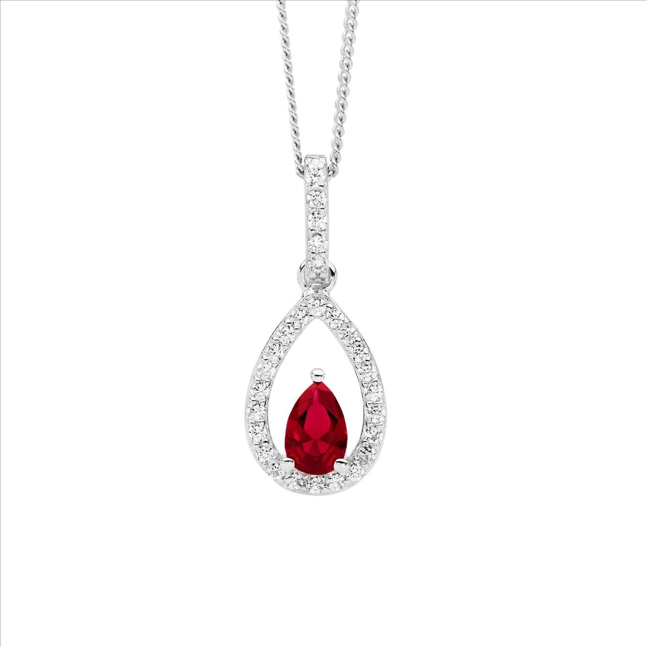 Open Teardrop Red & White CZ Pendant - Silver.