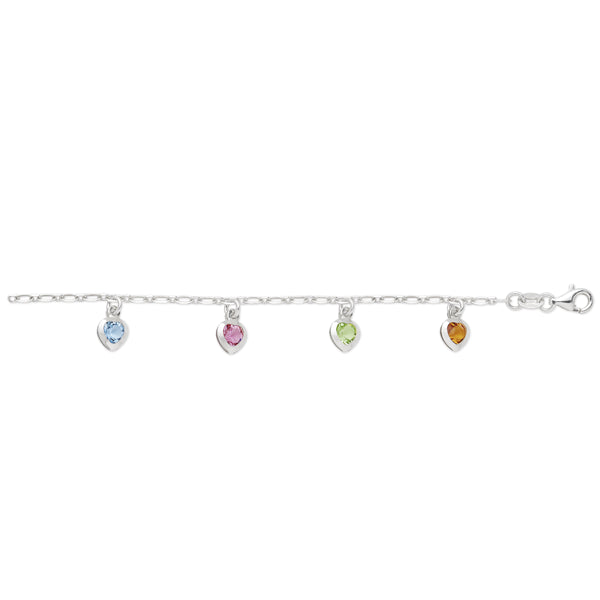 Sterling Silver Rainbow Colour CZ Heart Anklet.
