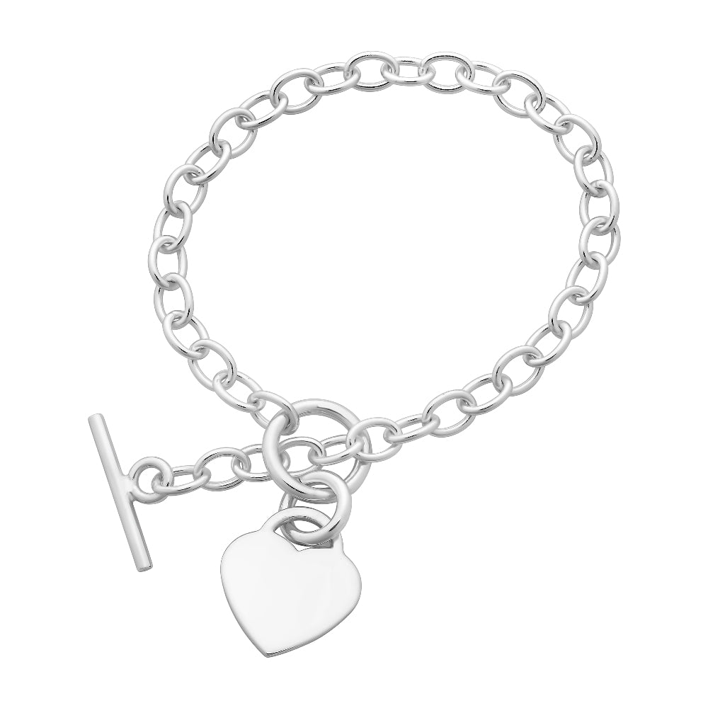 Sterling Silver Belcher Link Bracelet with T-Bar & Flat Heart Disc.