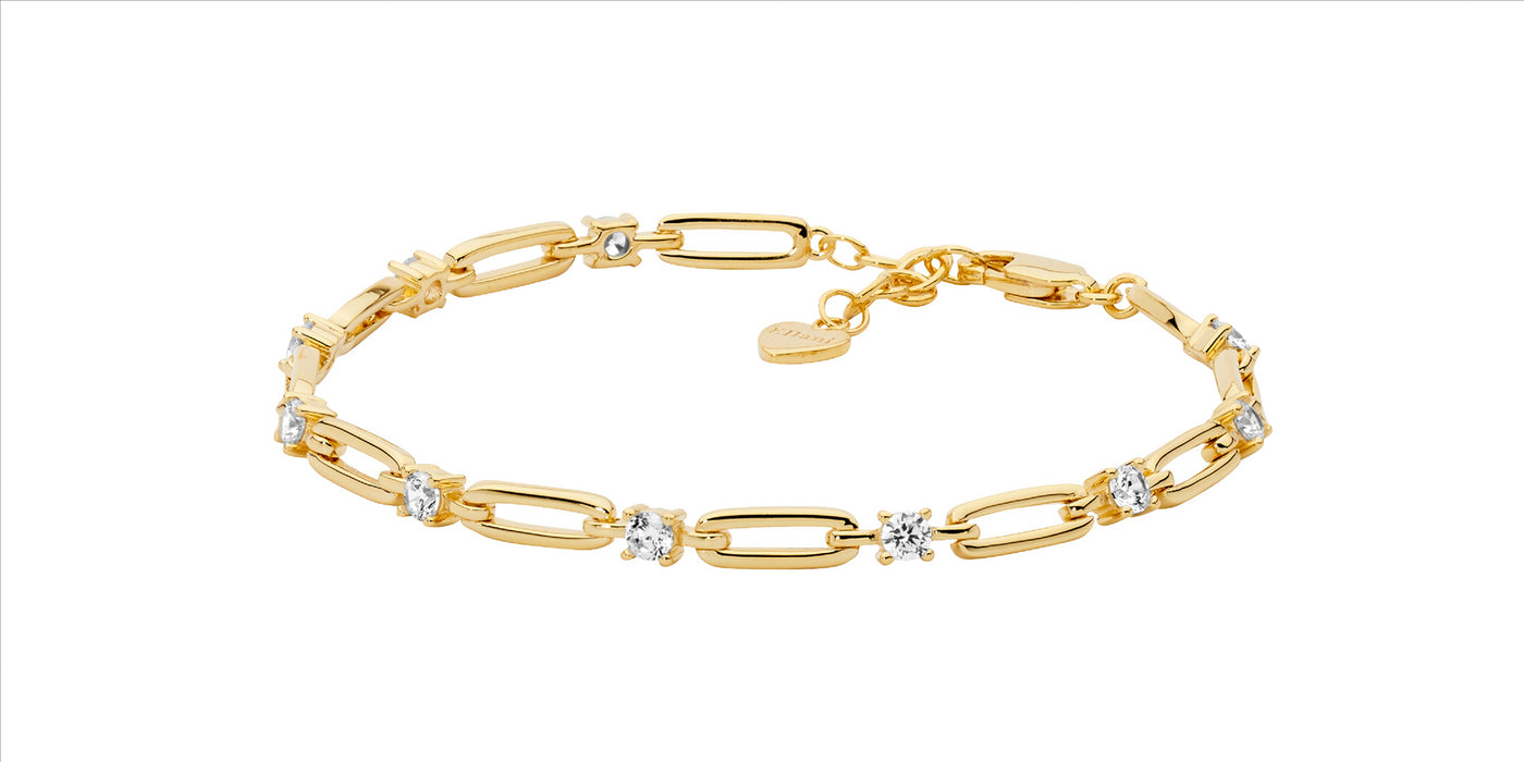 Open Oval Link Bracelet with Cubic Zirconias - Yellow Gold.