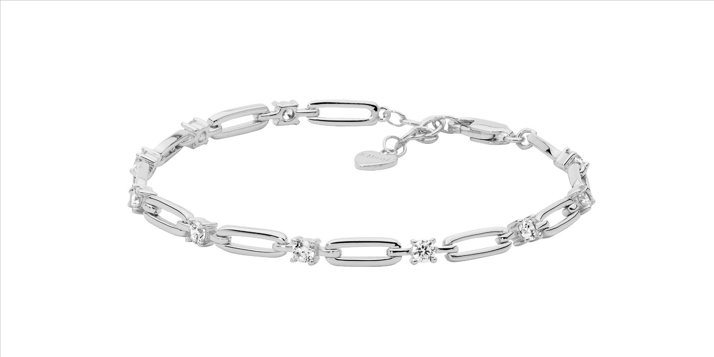 Open Oval Link Bracelet with Cubic Zirconias - Silver.