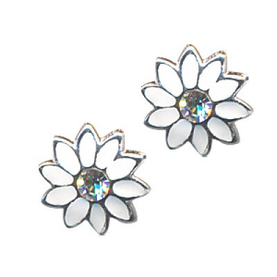 Silver White Enamel Flower With Cz Centre Stud Earrings