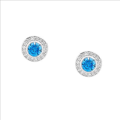 Sterling Silver Blue & Clear CZ Halo Stud Earrings