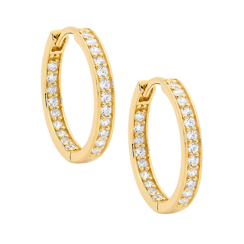 Yellow Gold Plate Cubic Zirconia Hoop Earrings.