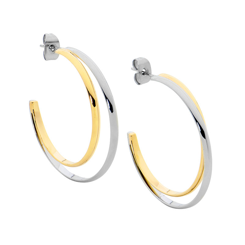 Stainless Steel Yellow Gold Plate Double Hoop Earrings