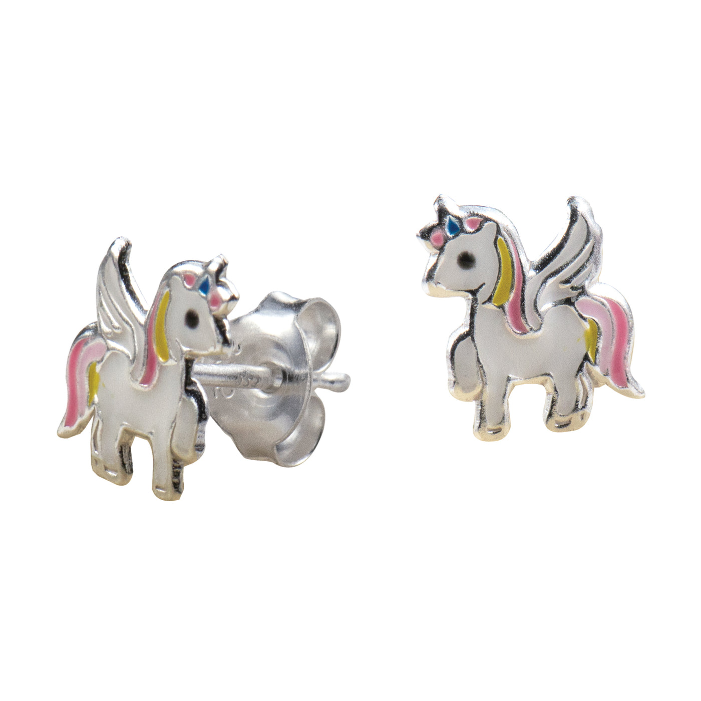 Sterling Silver Yellow & Pink Enamel Unicorn Stud Earrings.