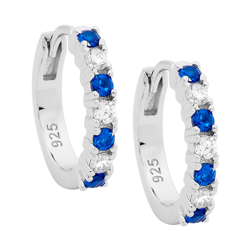 Sterling Silver Blue & Clear Cubic Zirconia Hoop Earrings - 14mm