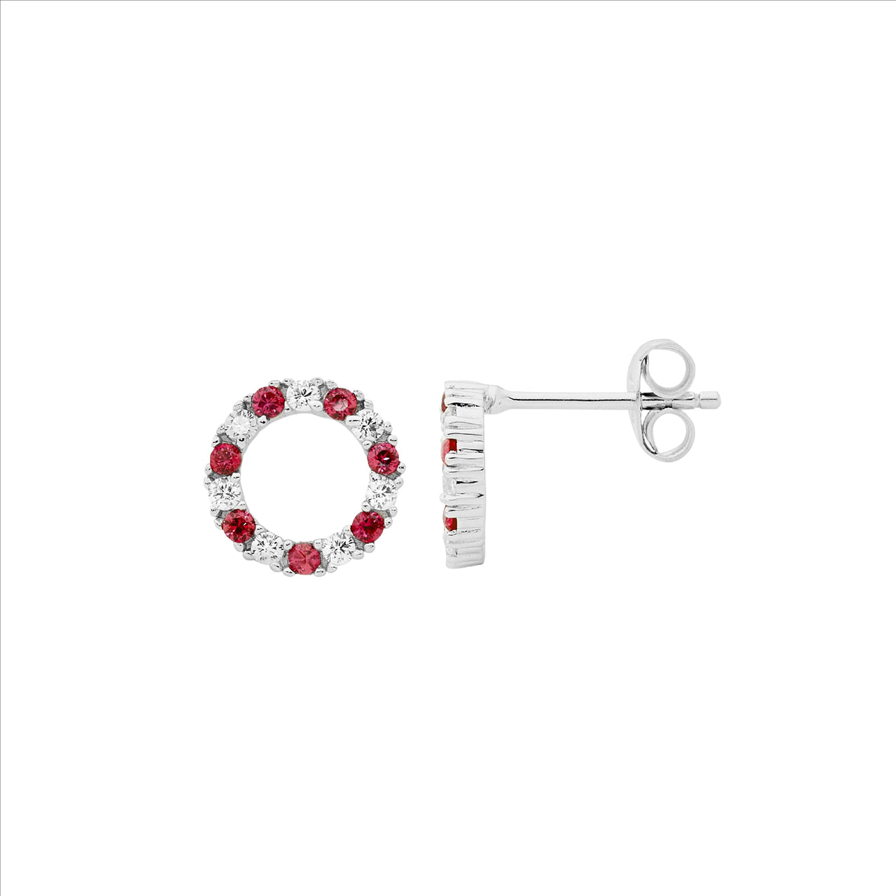 Red & White CZ Open Circle Studs - Sterling silver.