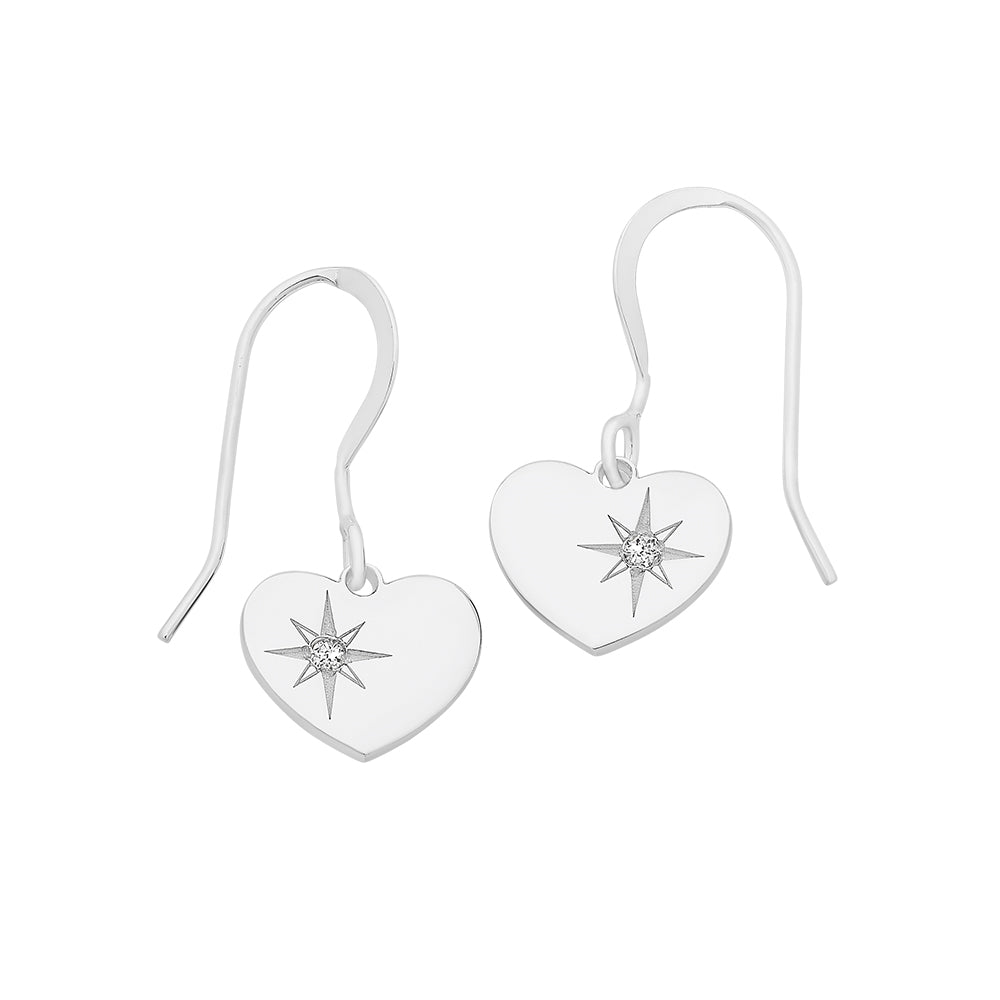 Sterling Silver Diamond Set Heart Drop Earrings.