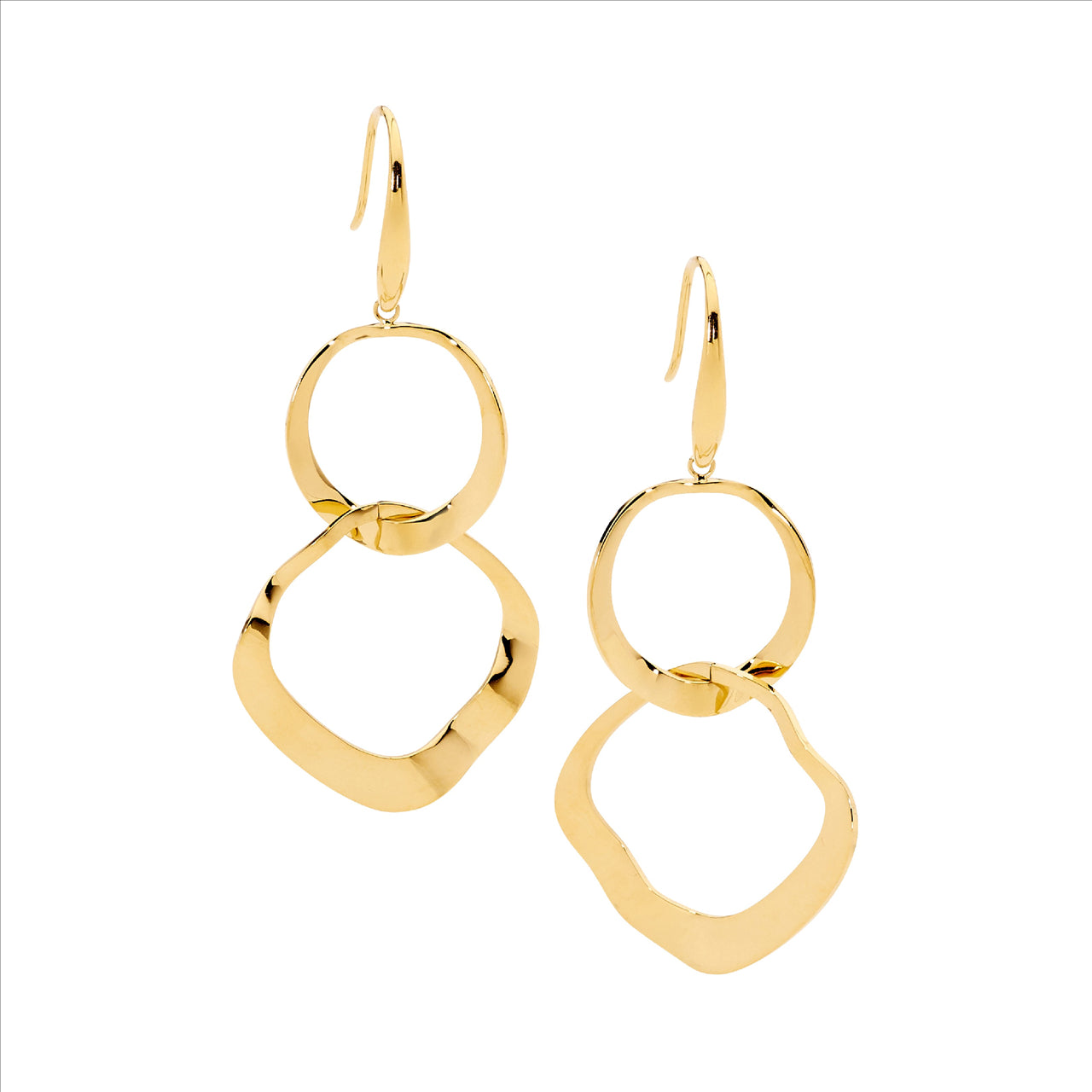 Double Wave Long Drop Earrings Yellow Gold Plate