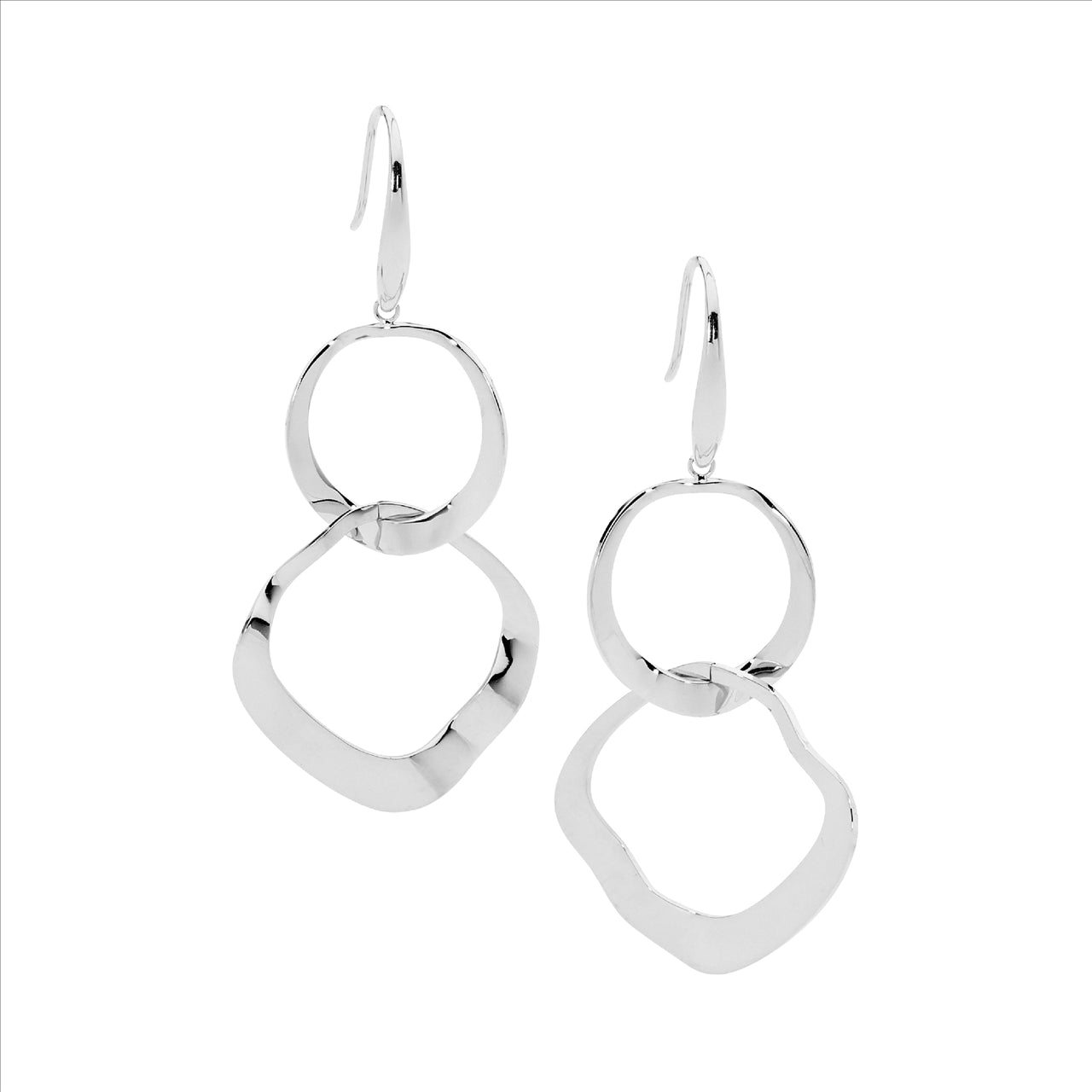 Double Wave Long Drop Earrings White Gold Plate