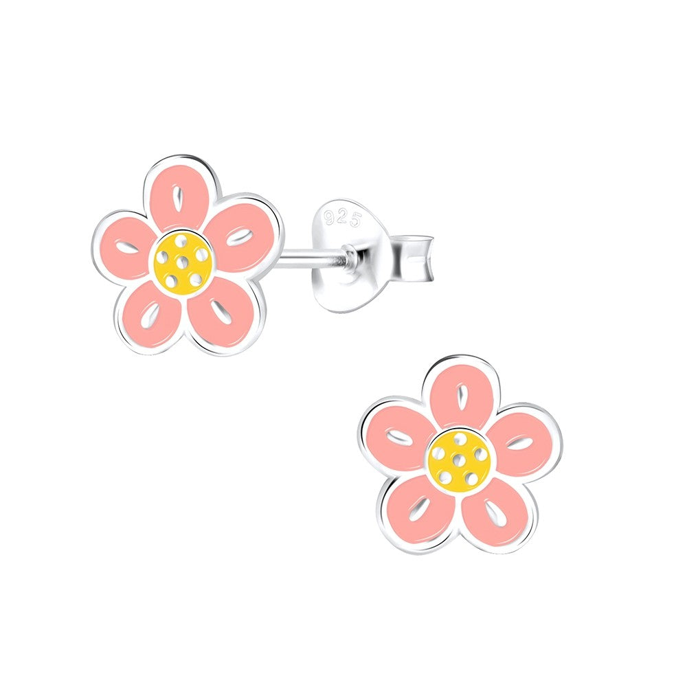 Silver Pink & Yellow Flower Stud Earrings.