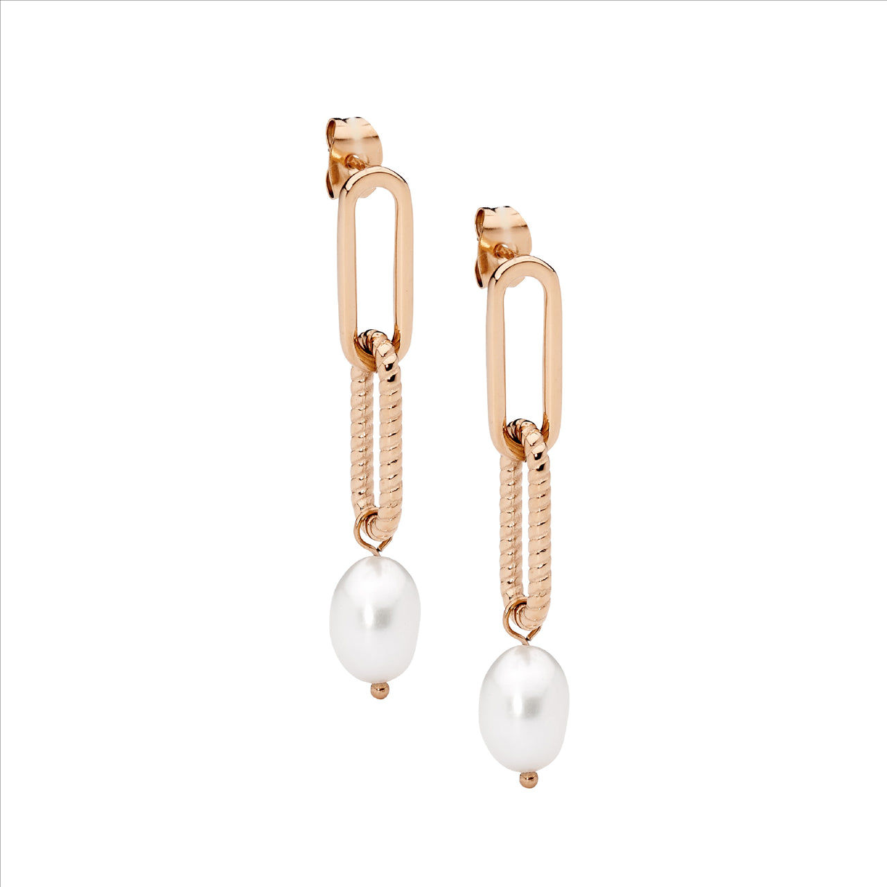 Long Paperclip Pearl Drop Earrings - Rose Gold Plate