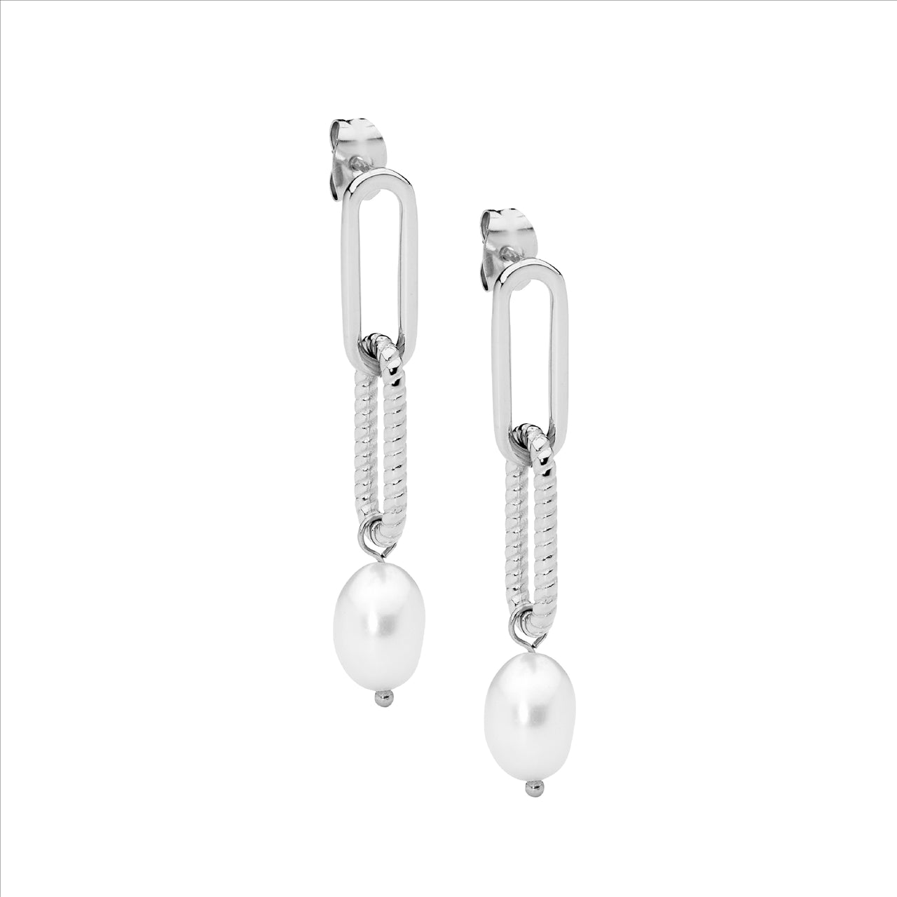Long Paperclip Pearl Drop Earrings - Stainless Steel