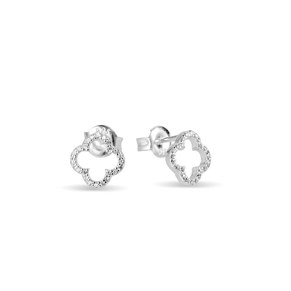 Silver Open Clover Stud Earrings set wtih Cubic Zirconias.