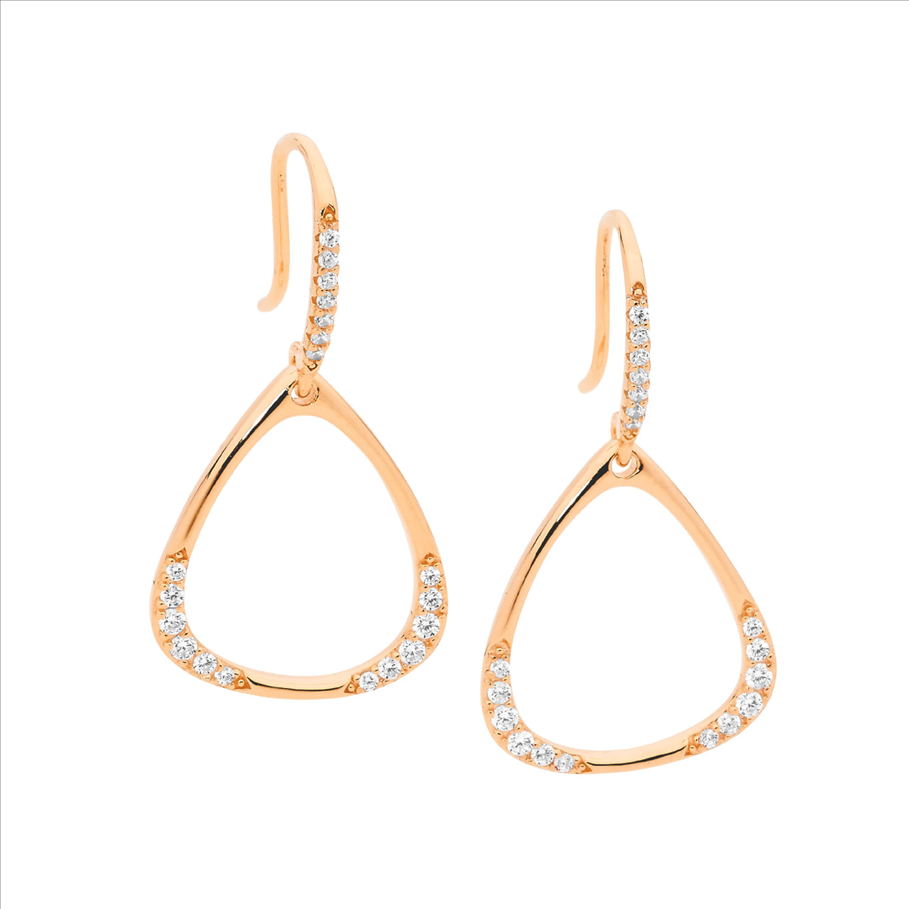 Open Traingle Drop Earrings with Cubic Zirconia bling- Rose Gold Plate.