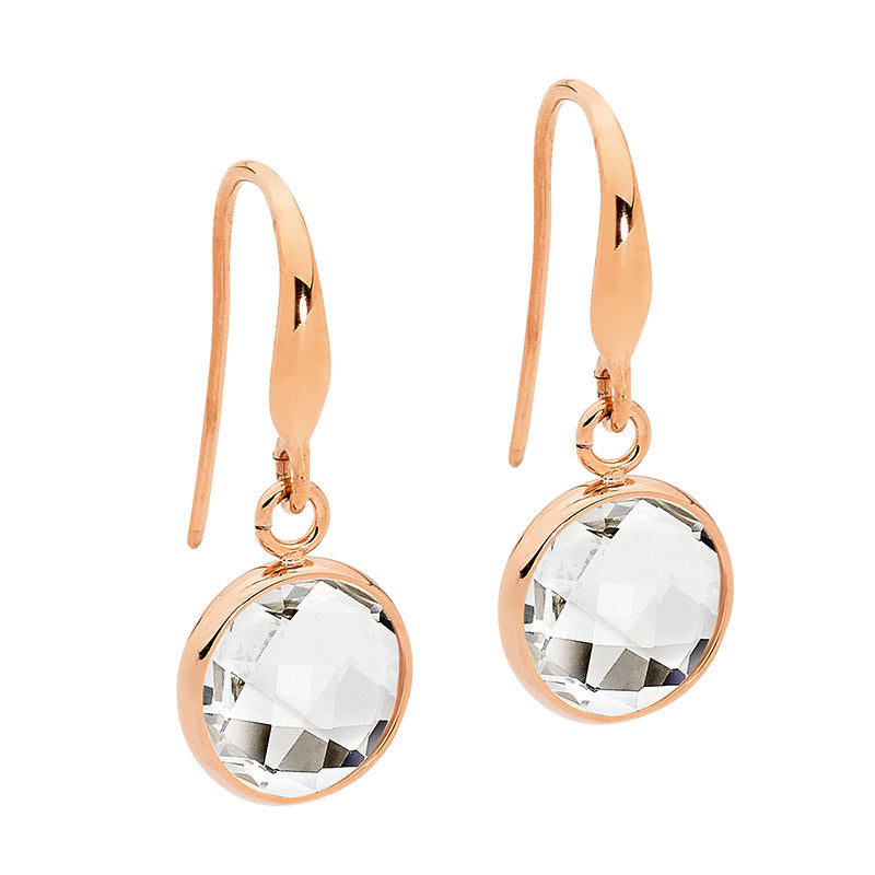 Rose Gold Plate Clear Glass Drop Earrings.