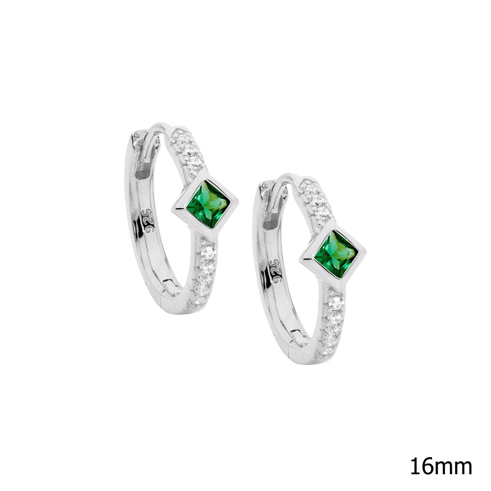 Silver Hoop Earrings set with Green Princess Cut CZ In the Centre - Silver